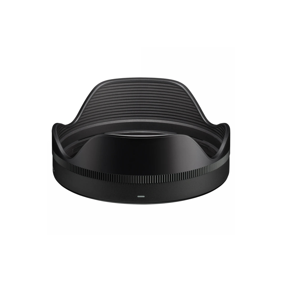 A black petal-shaped camera lens hood with a ribbed outer flange, shown from a front-three-quarter angle on a solid white background.