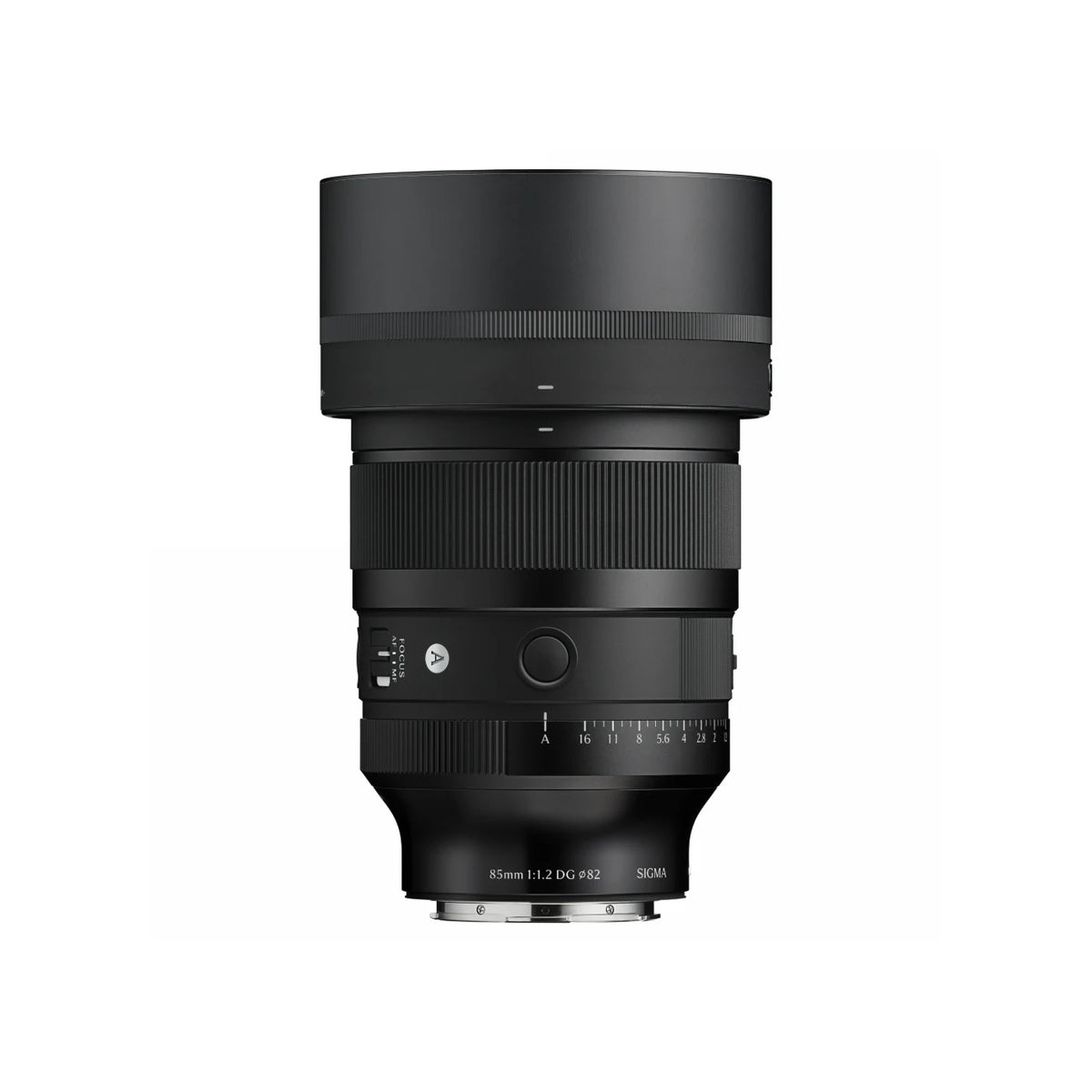 Sigma 85mm f/1.2 DG Art professional camera lens in matte black, shown from the front against a solid white background.