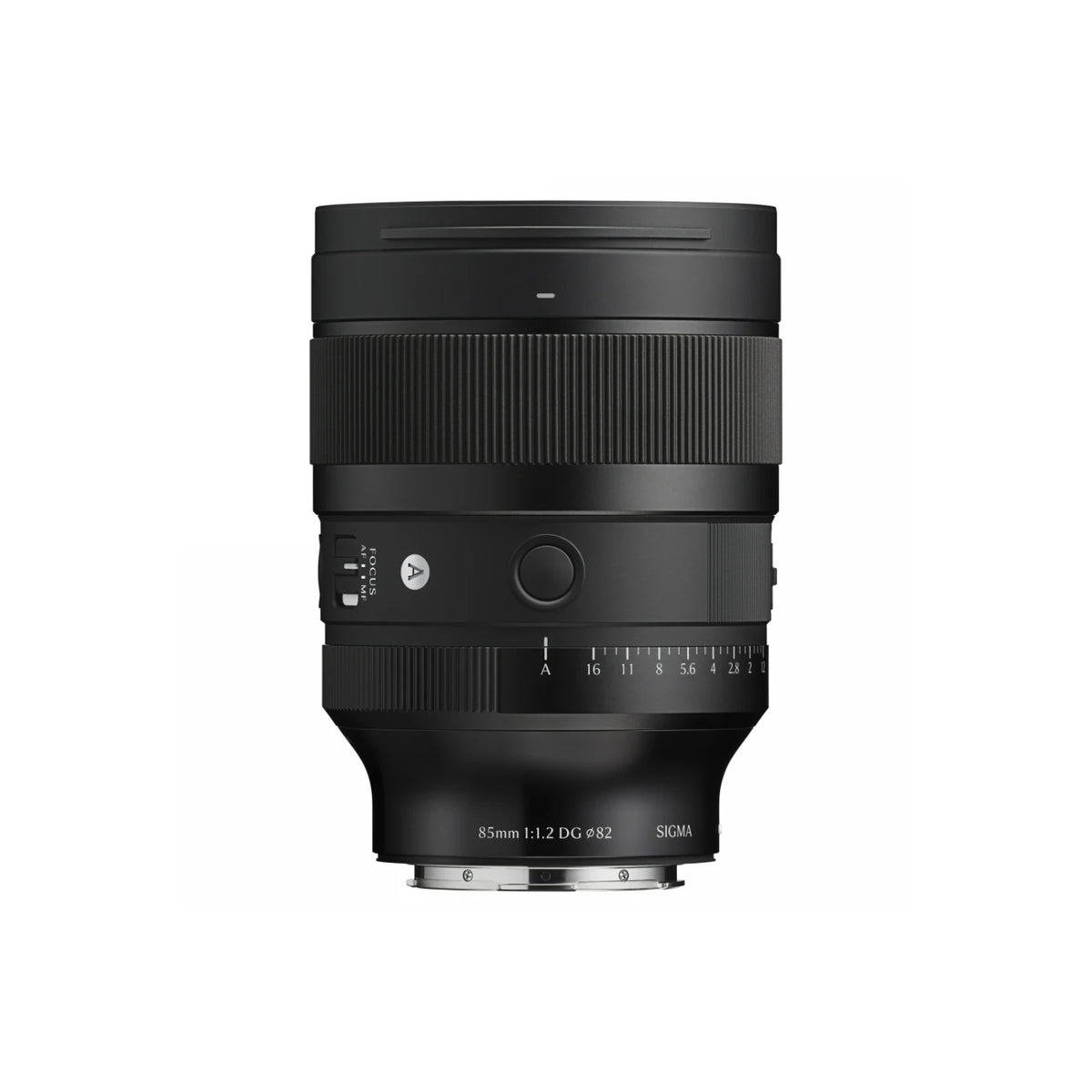 Sigma 85mm f/1.2 DG Art lens in black, shown from the front on a solid white background.