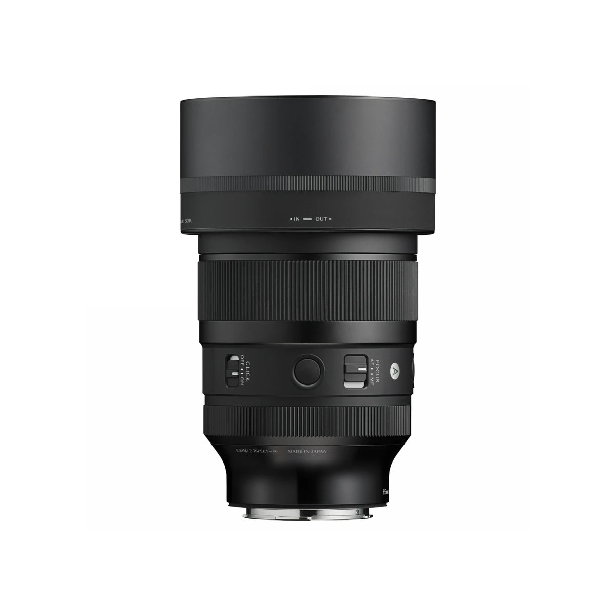 Sigma 85mm f/1.2 DG Art lens in matte black, shown from the front with the lens hood extended, on a solid white background.