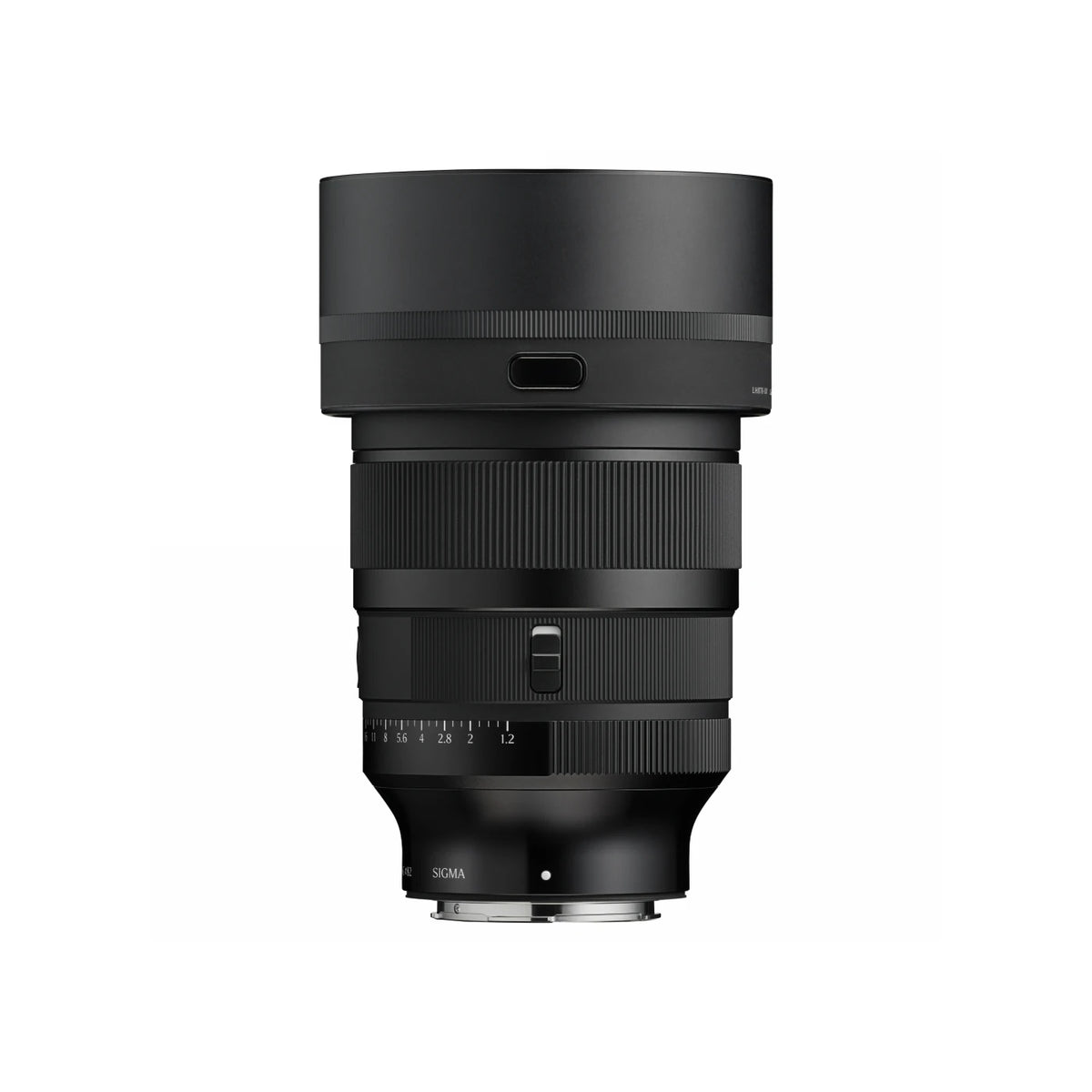 Sigma Sigma telephoto lens with a black protective hood, shown from the front on a solid white background.