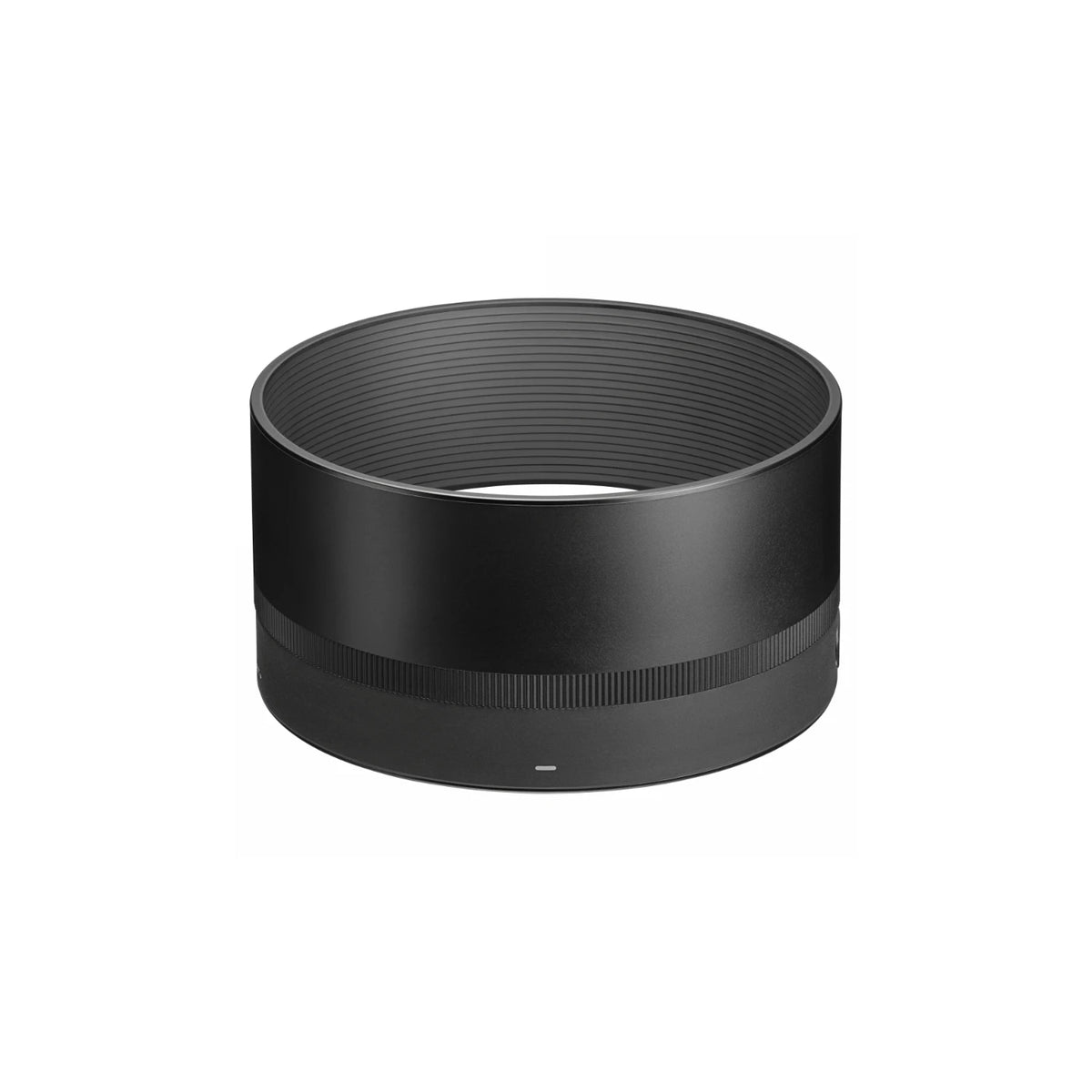 A black cylindrical lens hood or filter adapter with a ribbed outer band, shown on a plain white background.