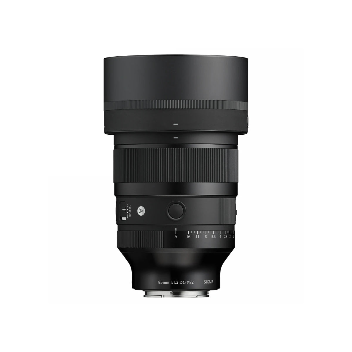 Sigma 85mm f/1.2 DG Art professional camera lens in matte black, shown from the front against a solid white background.