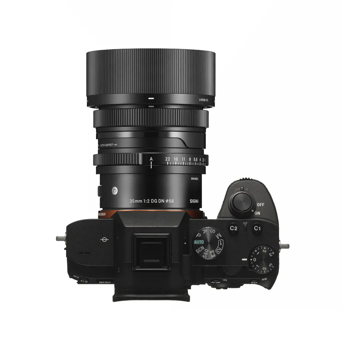 Sigma AF 35mm F/2 DG I Contemporary Lens - Sony E Fit top on camera