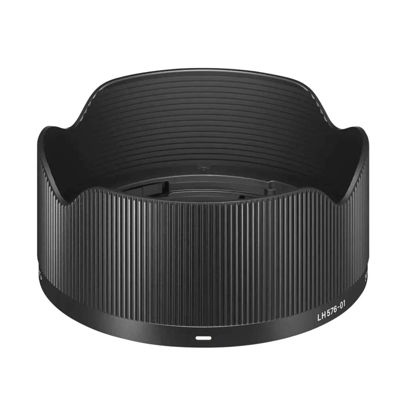 Black camera lens hood on a white background