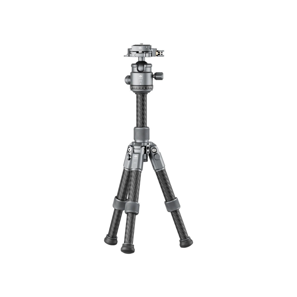 A carbon fiber tripod with a silver metal head and legs, shown against a plain white background.