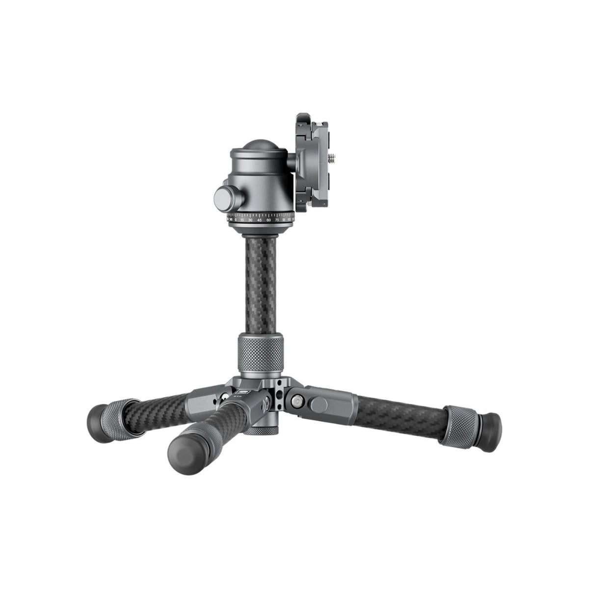 A gray and black tripod with a carbon fiber textured stem and three adjustable legs, shown on a plain white background.
