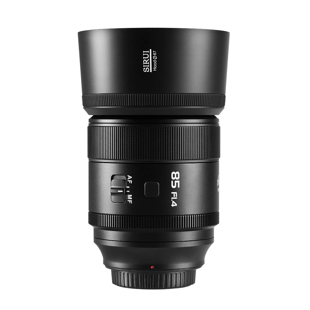 Sirui Aurora 85mm f1.4 Lens side angle with lens hood attached