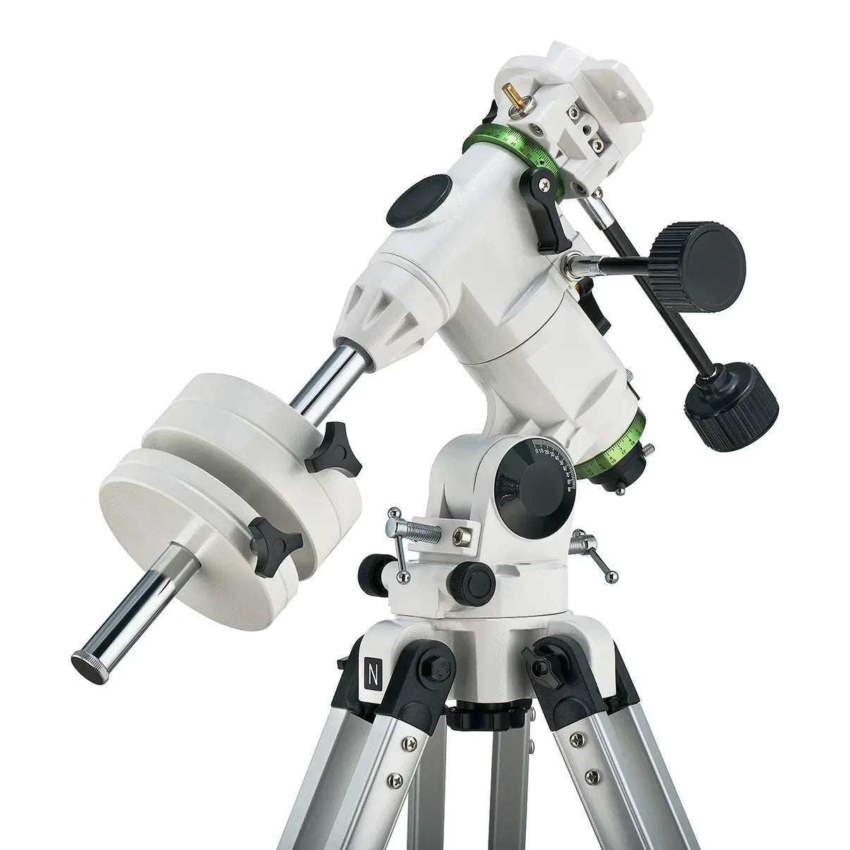 White telescope with green accents on a white background