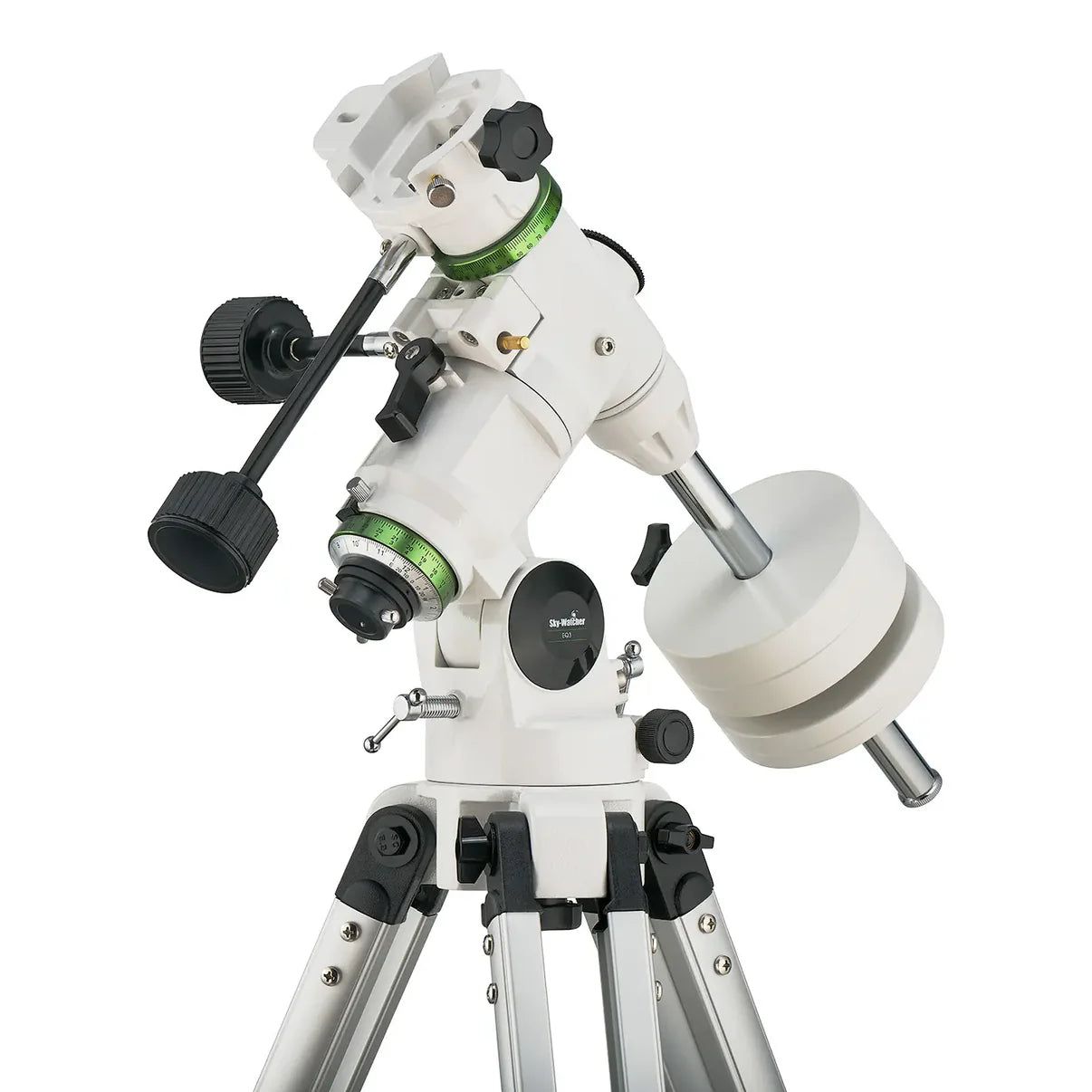 White telescope with green accents on a white background