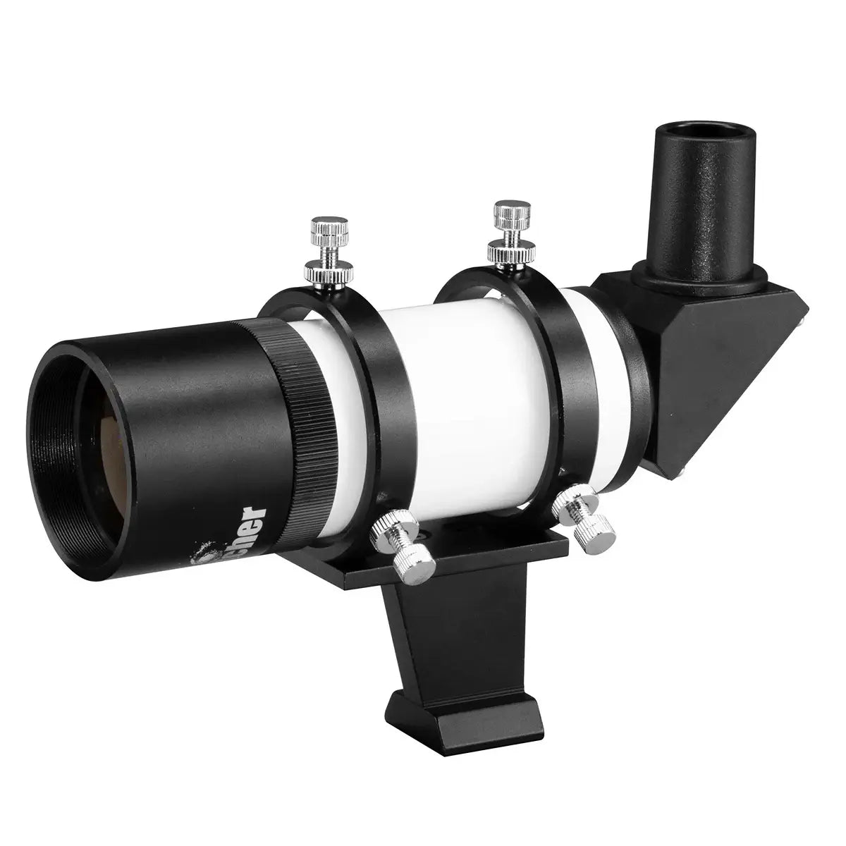 Telescope with a white tube and black exterior on a white background
