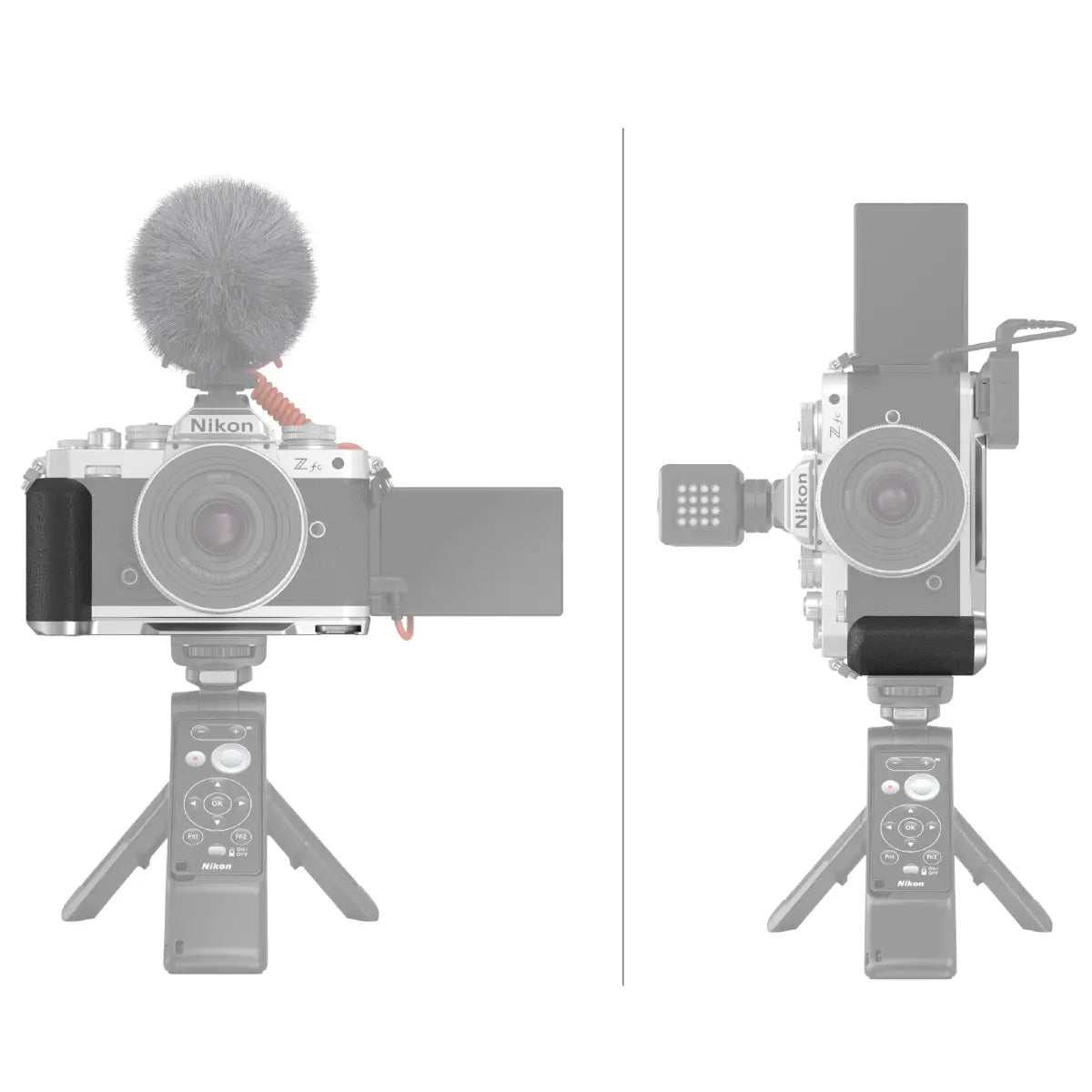 Two views of a Nikon camera with microphone attachment on a white background