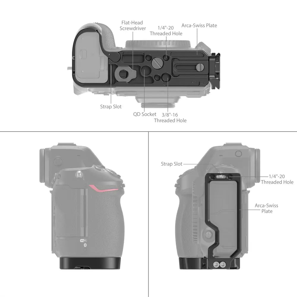 Technical diagram of a camera mount with labeled parts on a white background