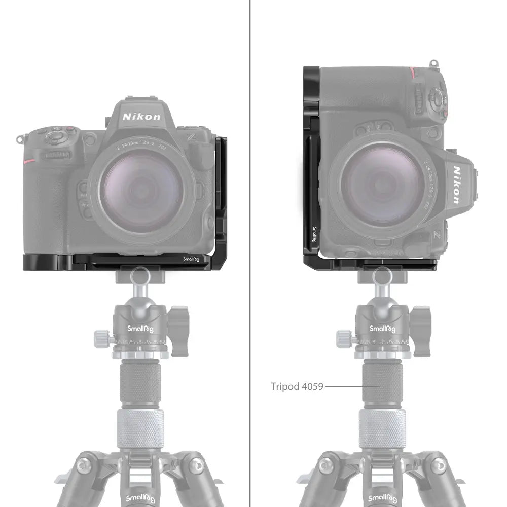 Nikon camera with a SmallRig l-bracket on a tripod, shown from two angles.