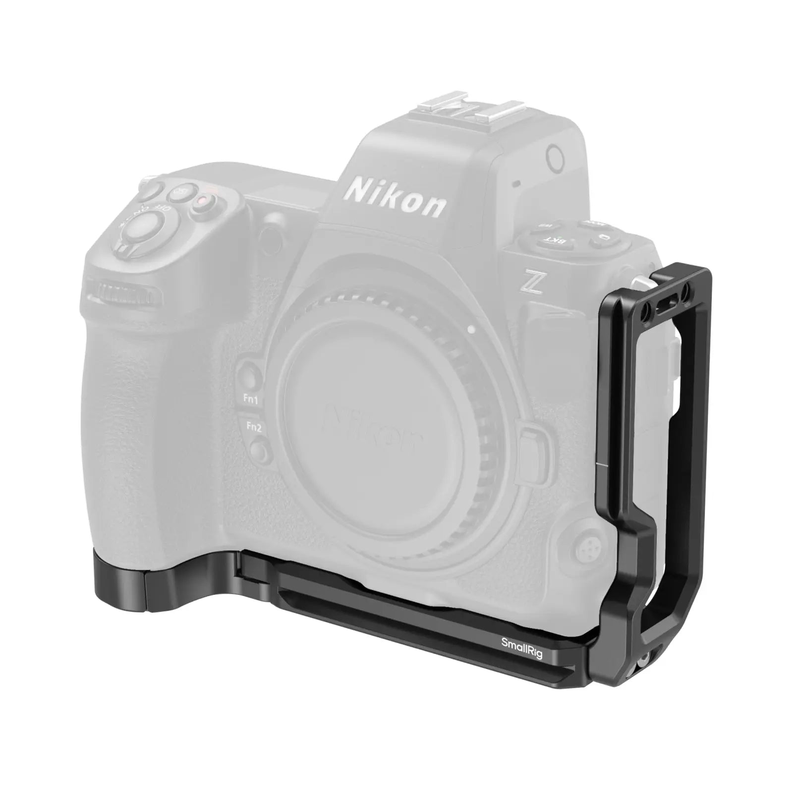 Nikon camera body with a black L-plate on a white background