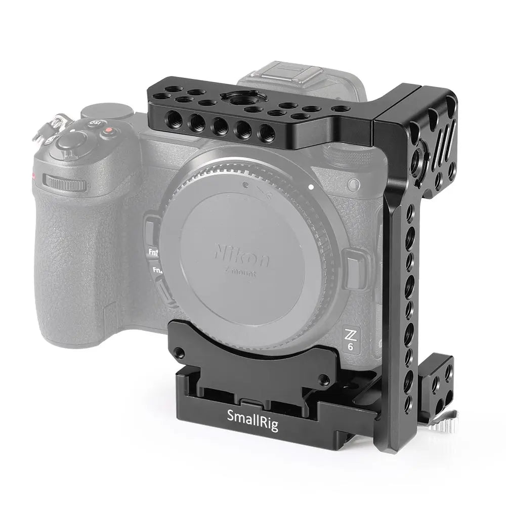 Nikon camera with a SmallRig cage on a white background
