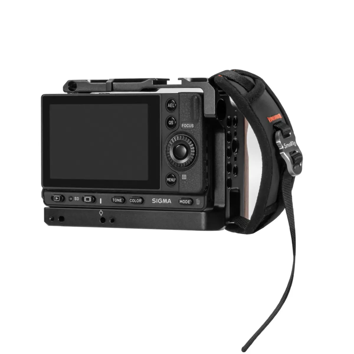 Black camera body with control panel and screen on a white background