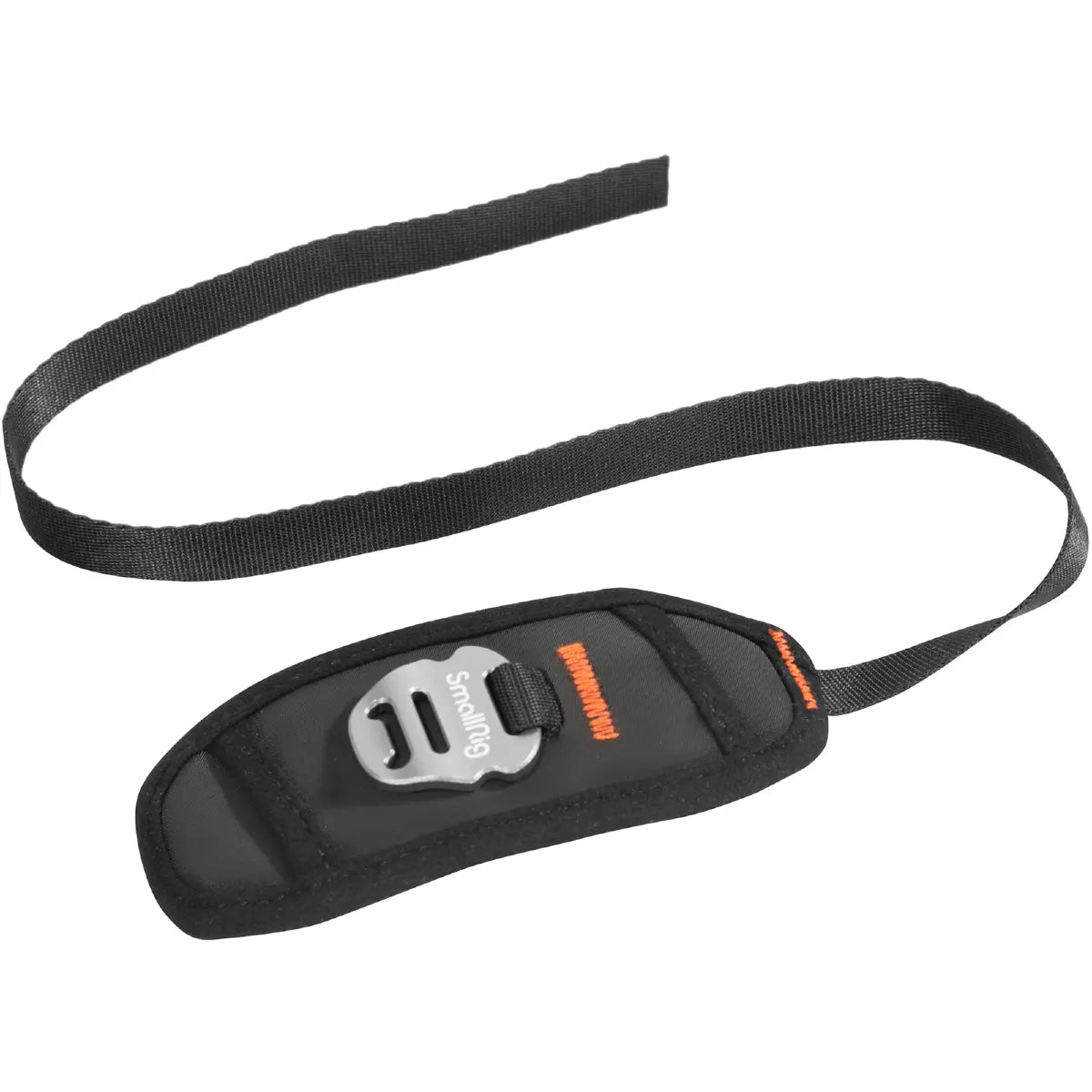 Black strap with a silver buckle and orange branding on a white background