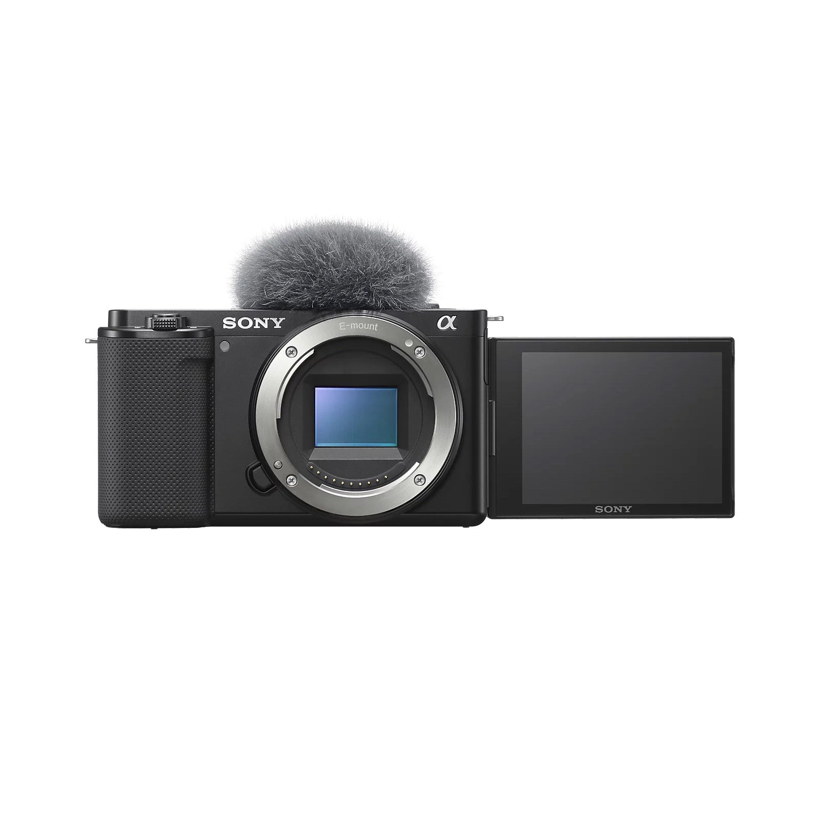 Sony Alpha ZV-E10 Mirrorless Vlogging Camera front angle with microphone attached and rear screen extended