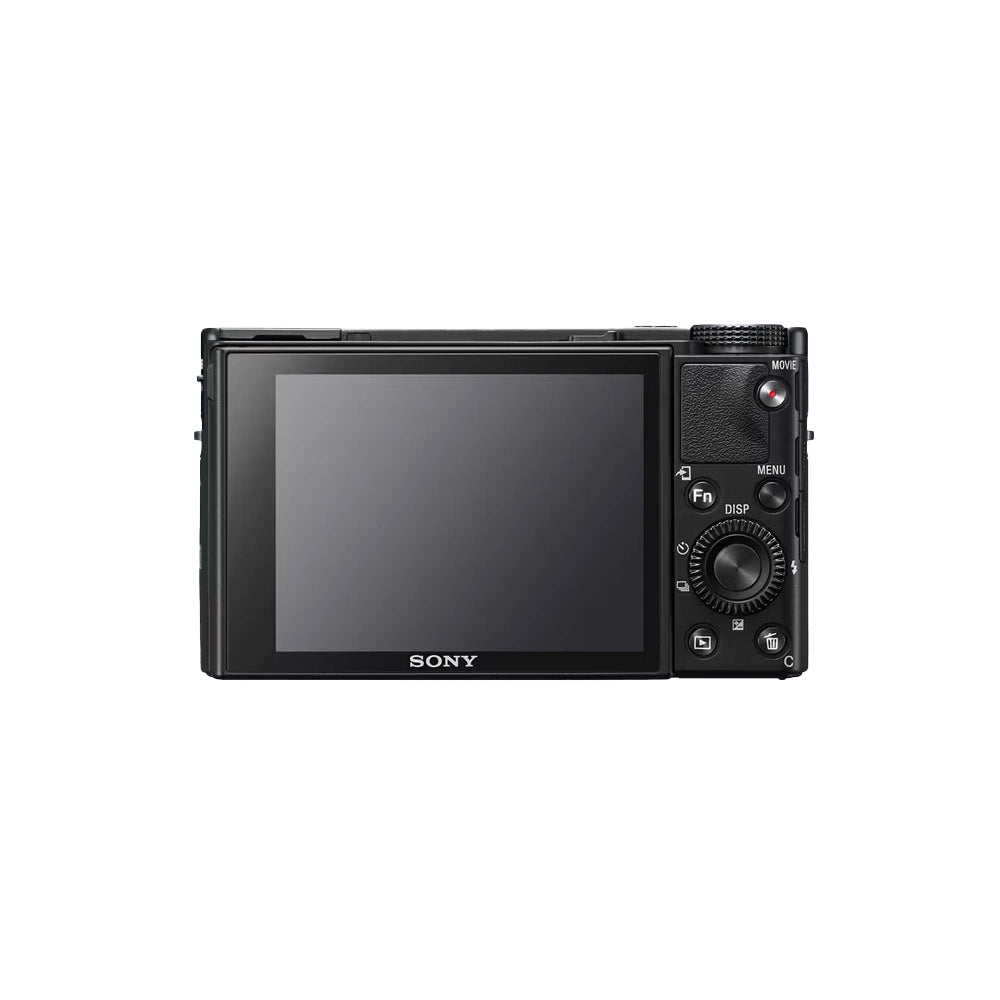 Sony compact digital camera in black, shown from the back against a white background.