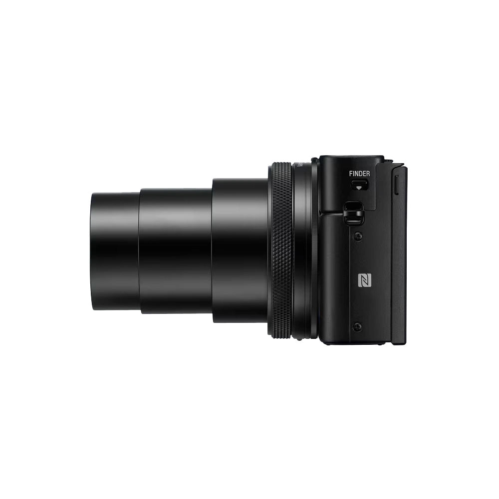 A black Sony RX100 VII compact mirrorless camera, shown from a side profile view against a white background.