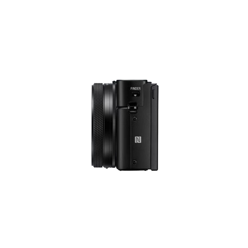 Sony compact digital camera in black, shown from the side against a white background.