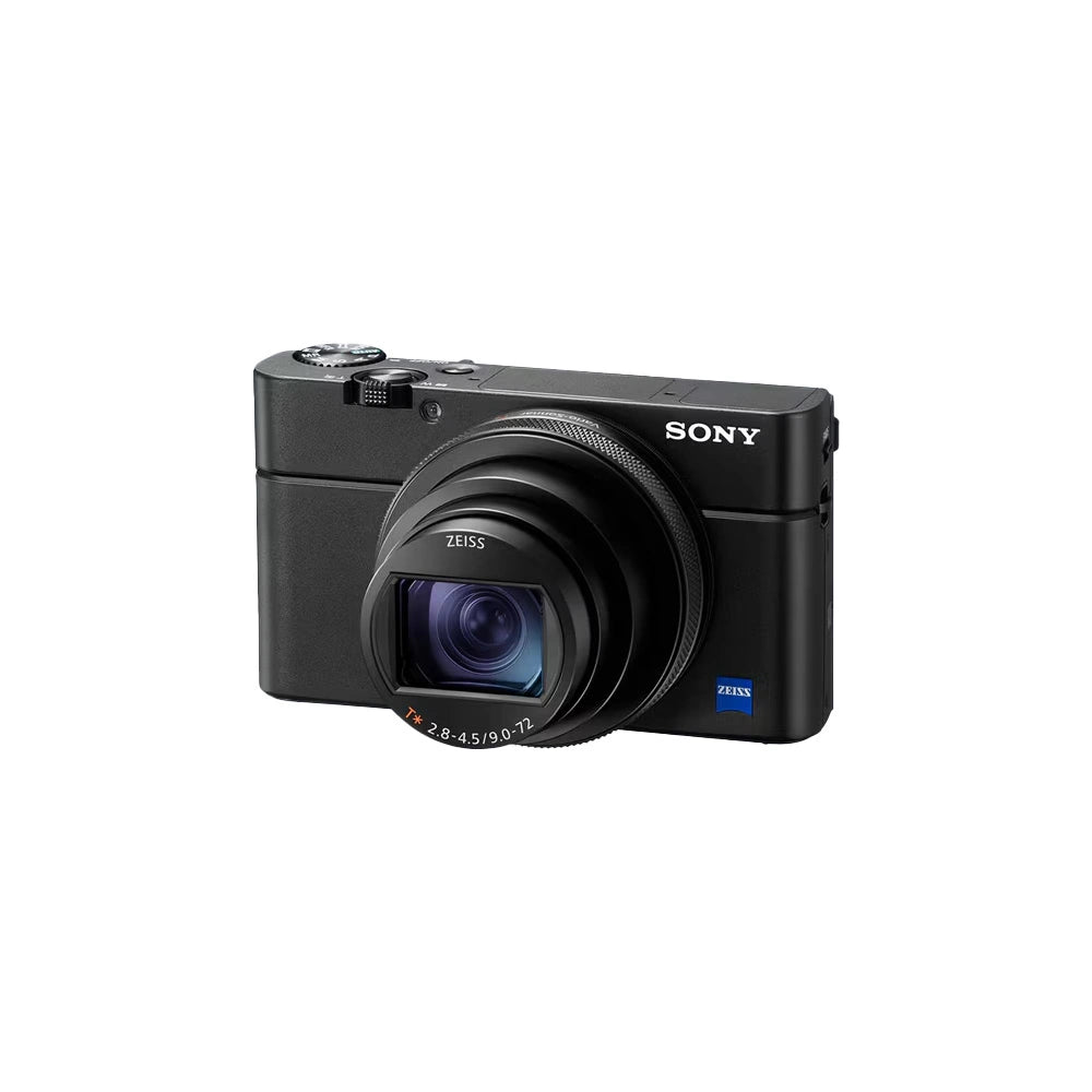 Sony compact digital camera with a zoom lens, featuring a black body and lens, with the SONY and ZEISS branding visible, set against a light gray background.