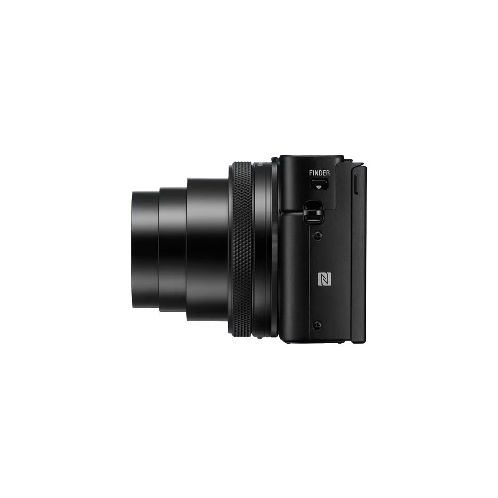 A black Sony RX100 VII compact mirrorless camera, shown from a side profile view against a white background.
