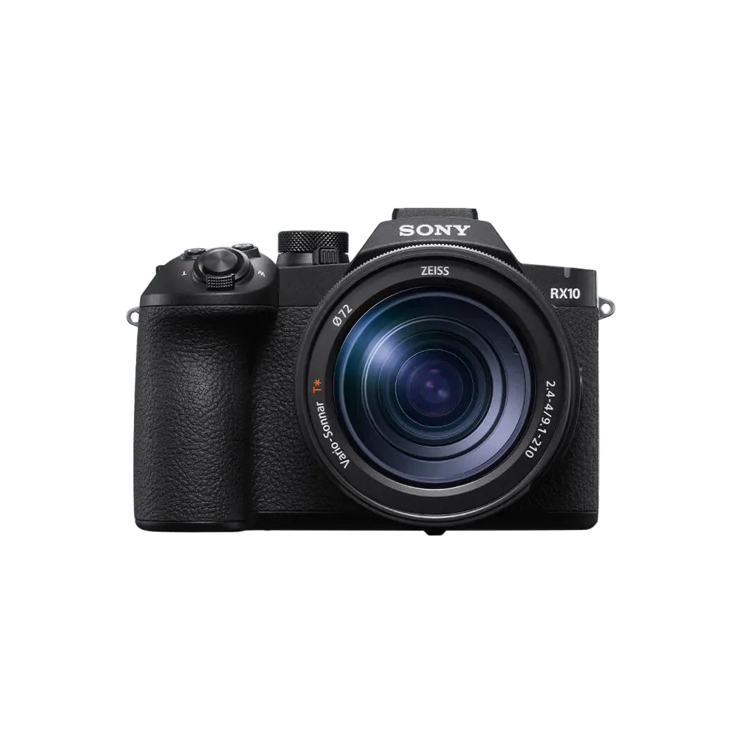 Sony ZVEX100 RX10 mirrorless camera with a 24-70mm f/2.8 Vortex Zoom lens, shown from the front against a light gray background.