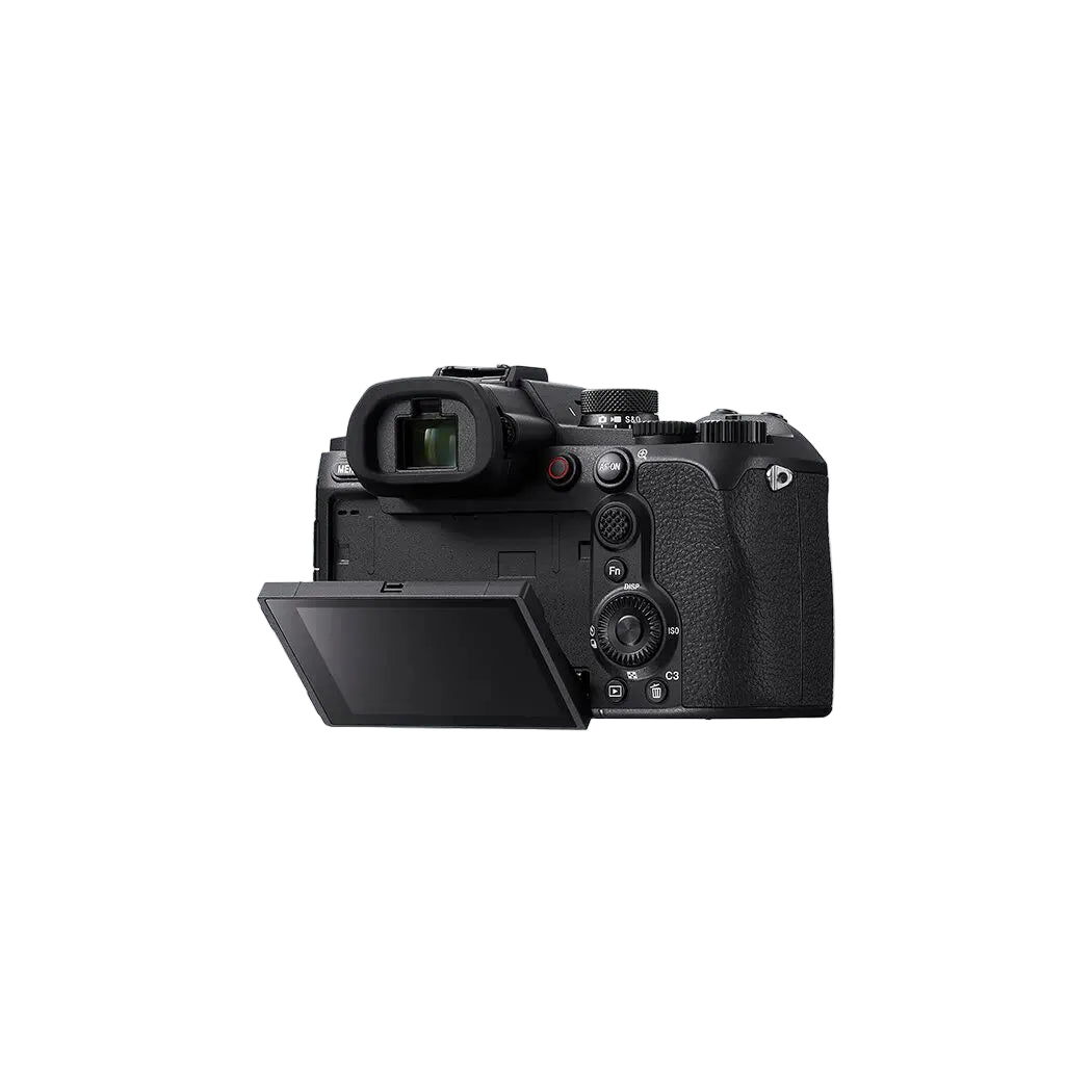 A black Sony mirrorless camera body with an attached flip-out screen, shown from the rear three-quarter view against a light gray background.