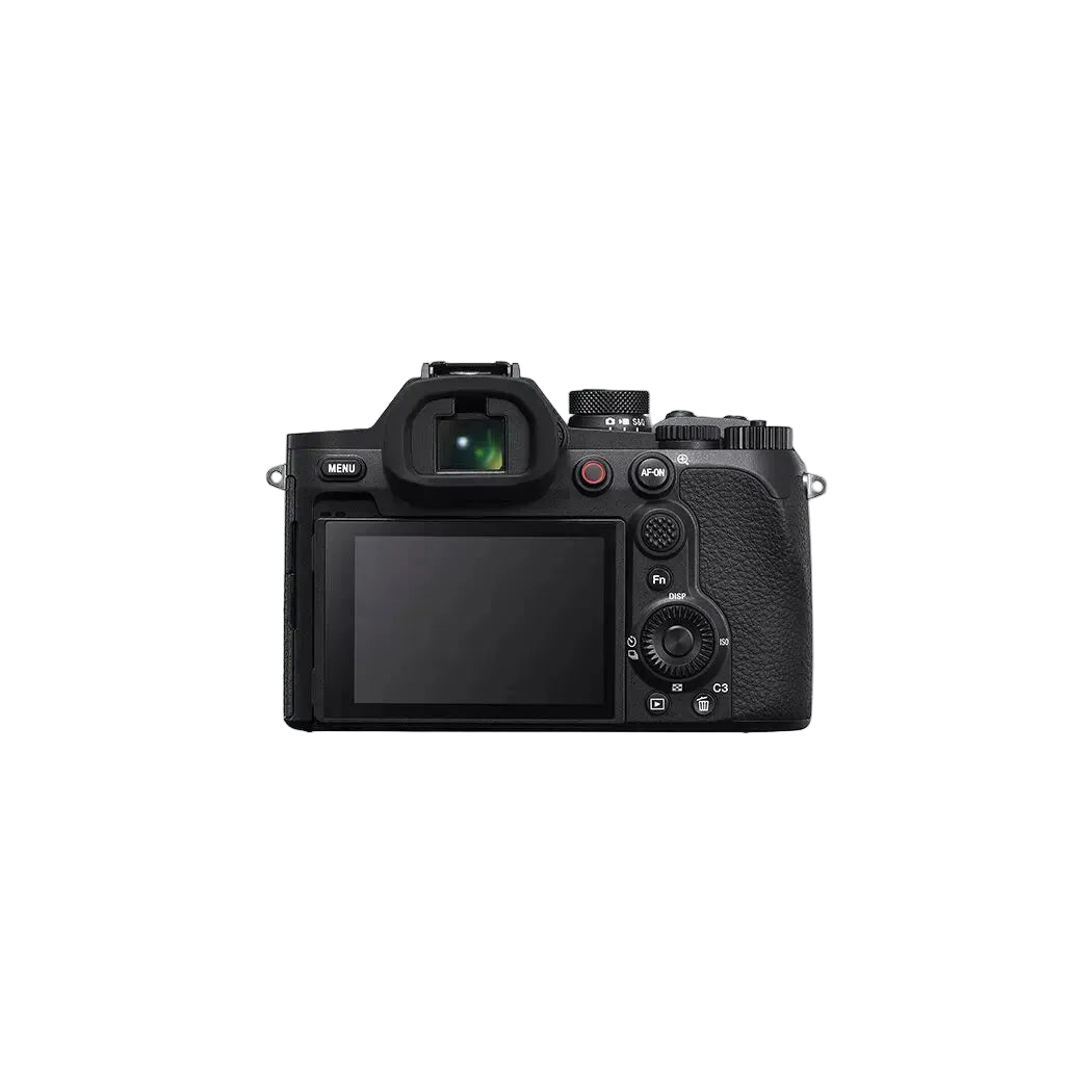 A black Sony mirrorless camera shown from the rear, featuring a large LCD screen, textured grip, and control dials, set against a solid white background.