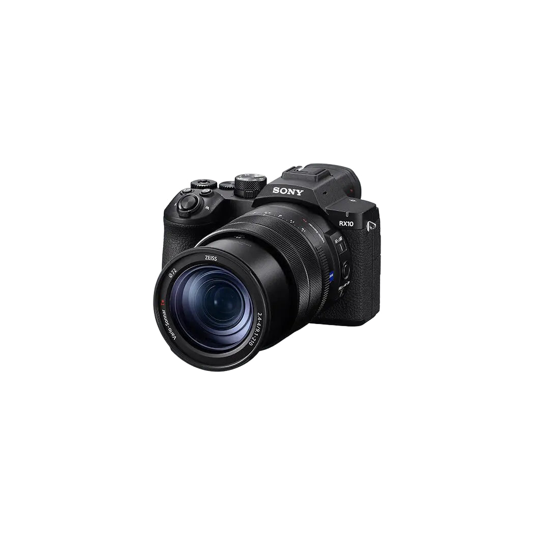 Sony RX10 V bridge camera with a black lens, shown from a three-quarters angle on a light gray background.
