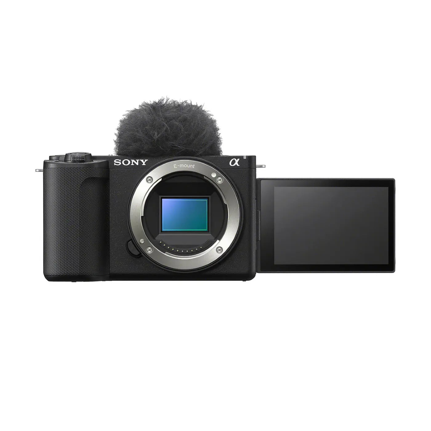 Sony ZV-10 II Kit with 16-50mm Lens front with lens detached and screen rotated