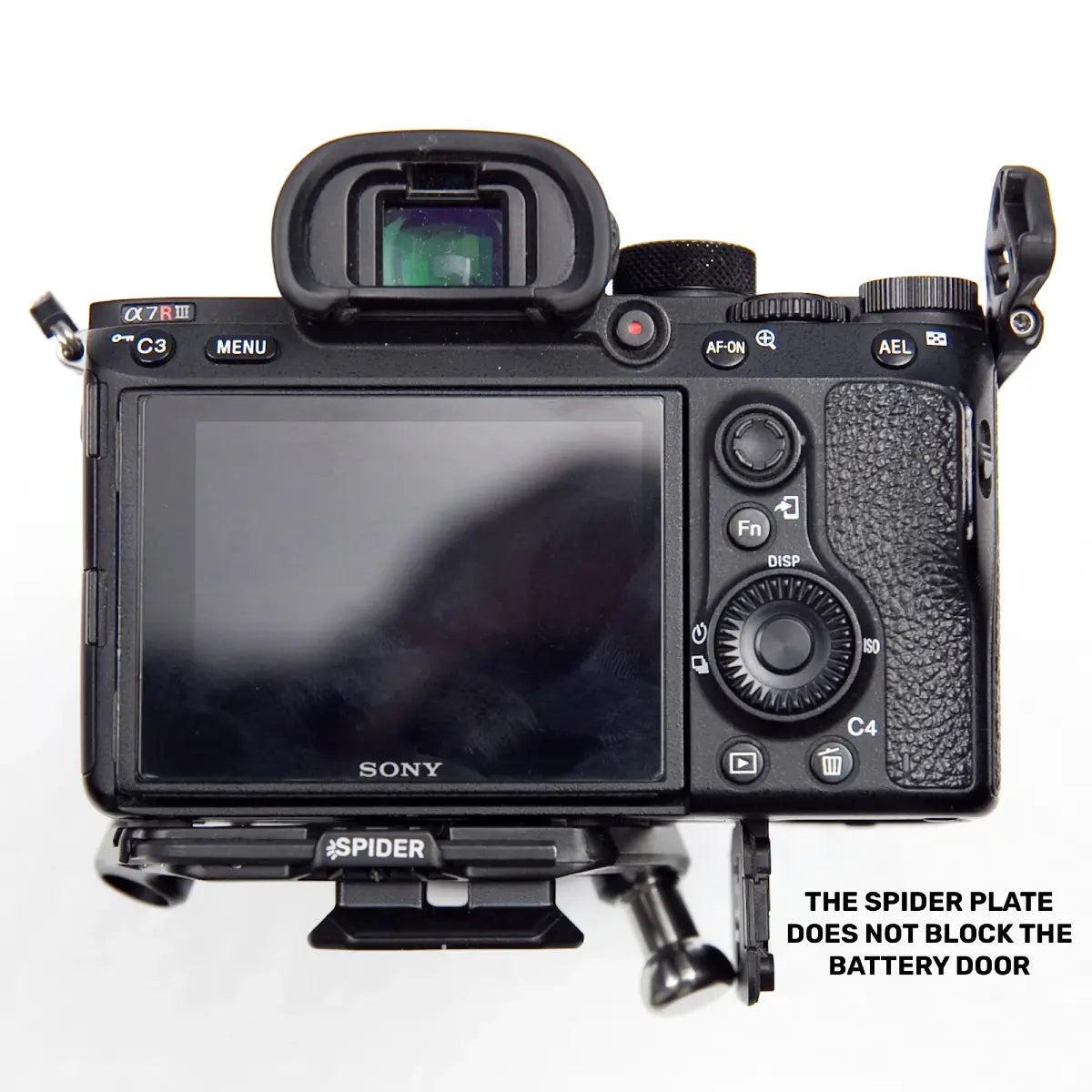 Sony camera with Spider plate attachment on a white background