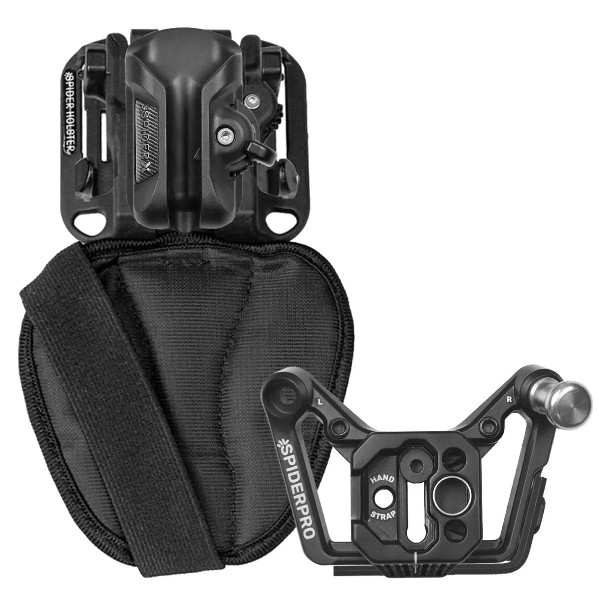 Black outdoor tool with pouch on a white background