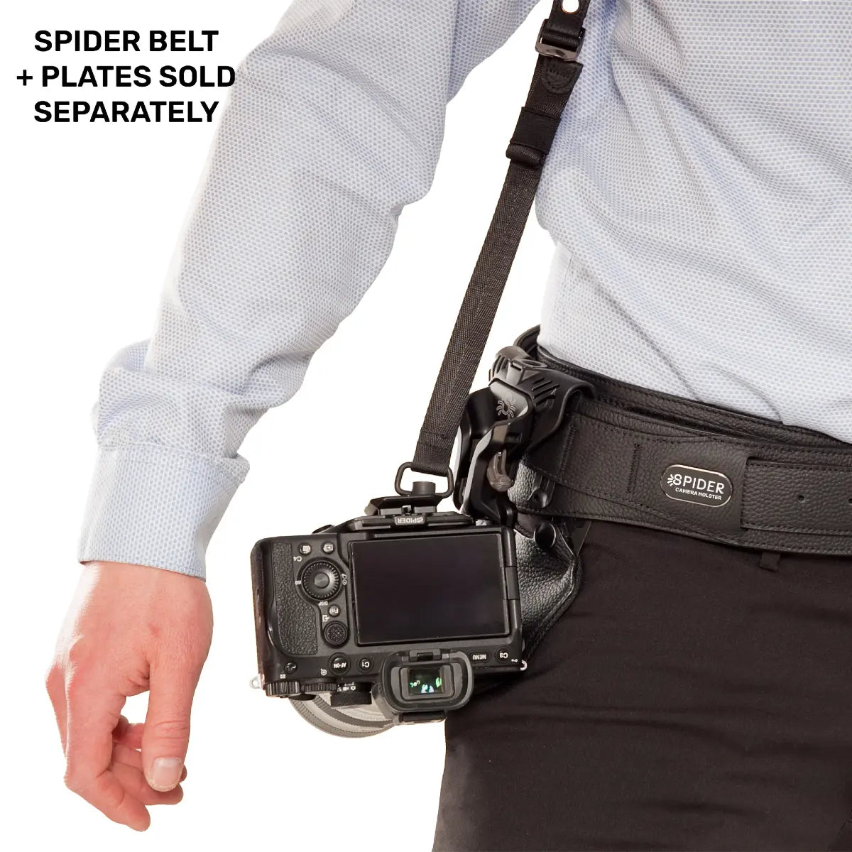 Camera belt with a camera attached, showing the Spider brand logo.