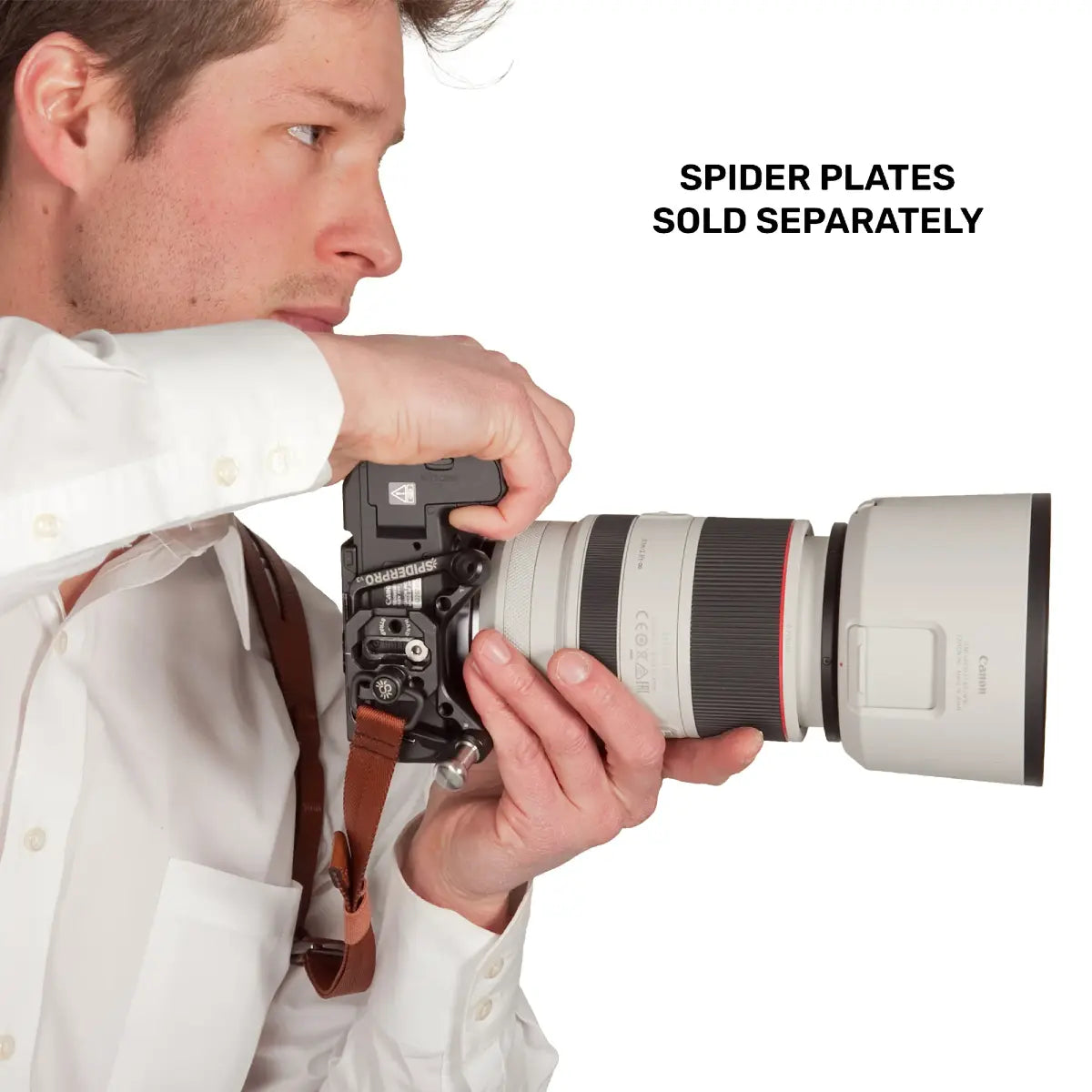 Man holding a camera with a large lens, text 'Spider Plates Sold Separately' on a white background