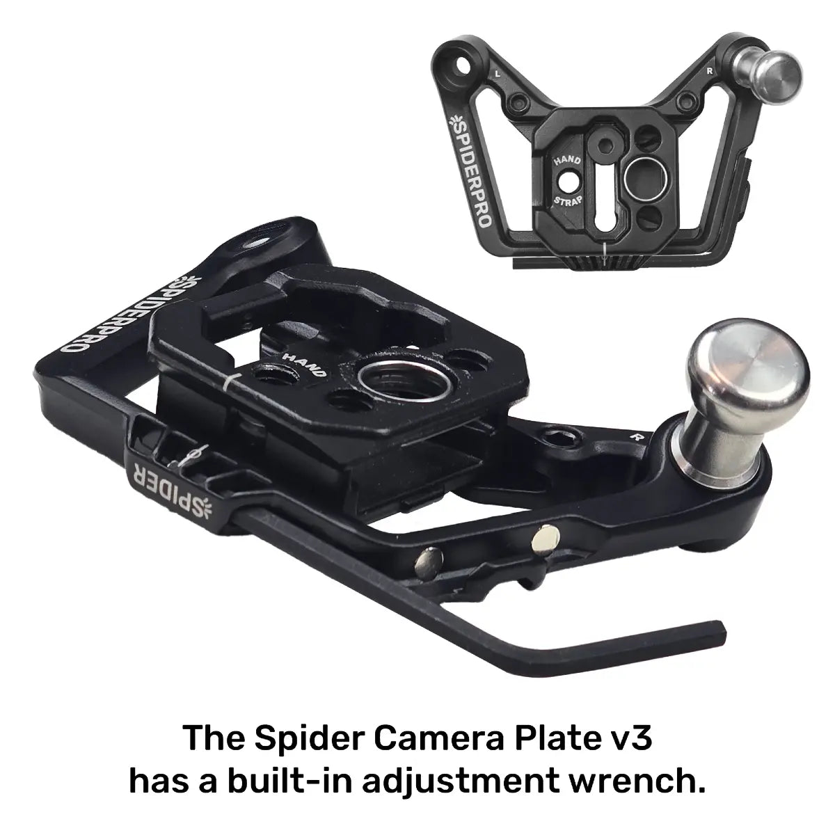 Black Spider Camera Plate v3 with a built-in adjustment wrench on a white background