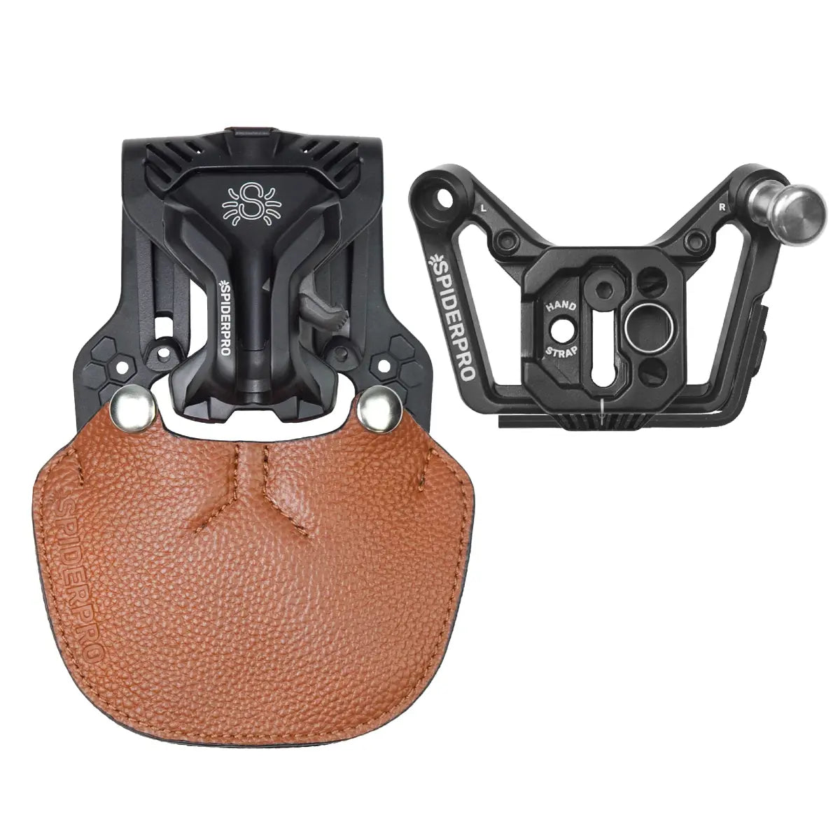 Black archery release aid with brown leather pouch on a white background