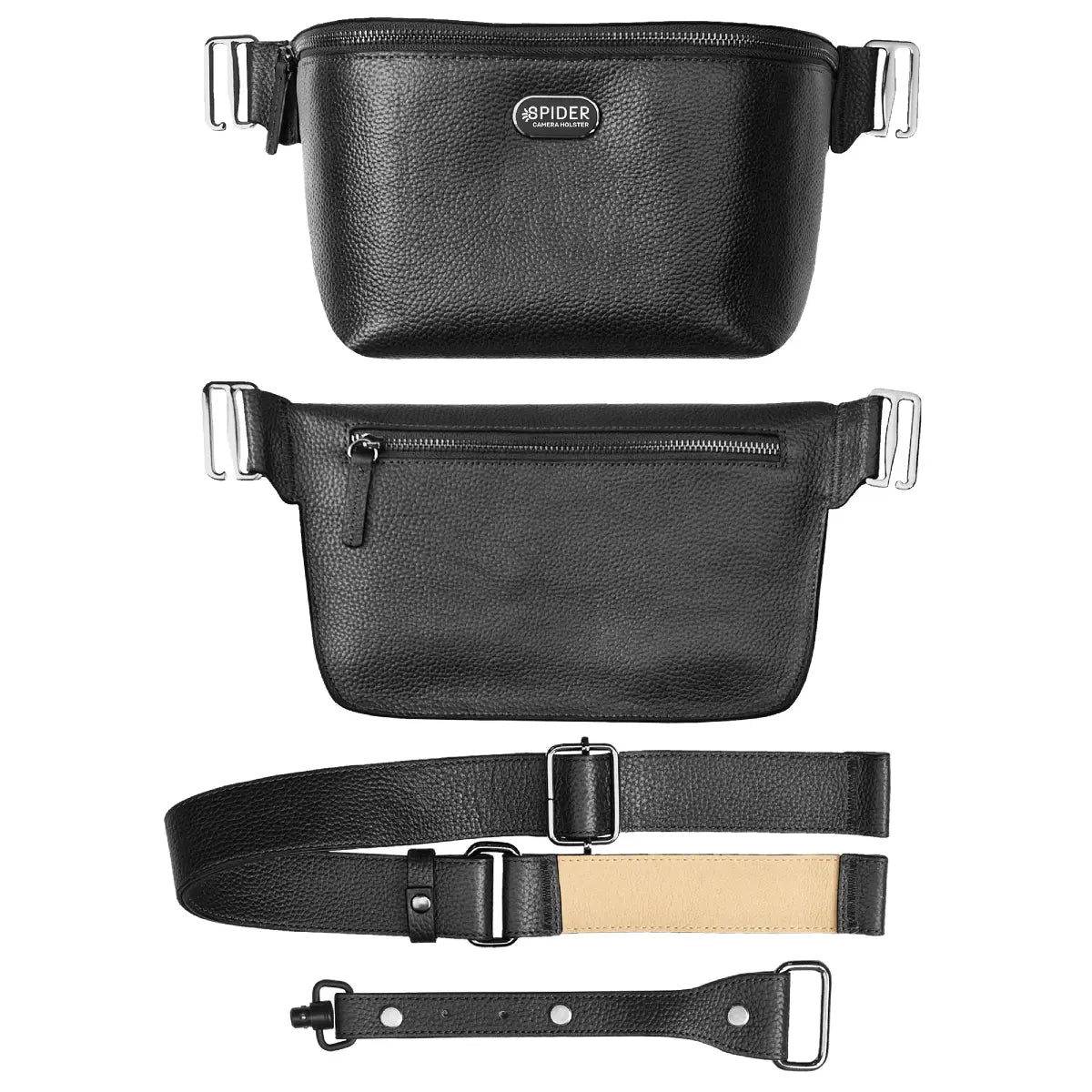 Black leather waist bag with straps on a white background