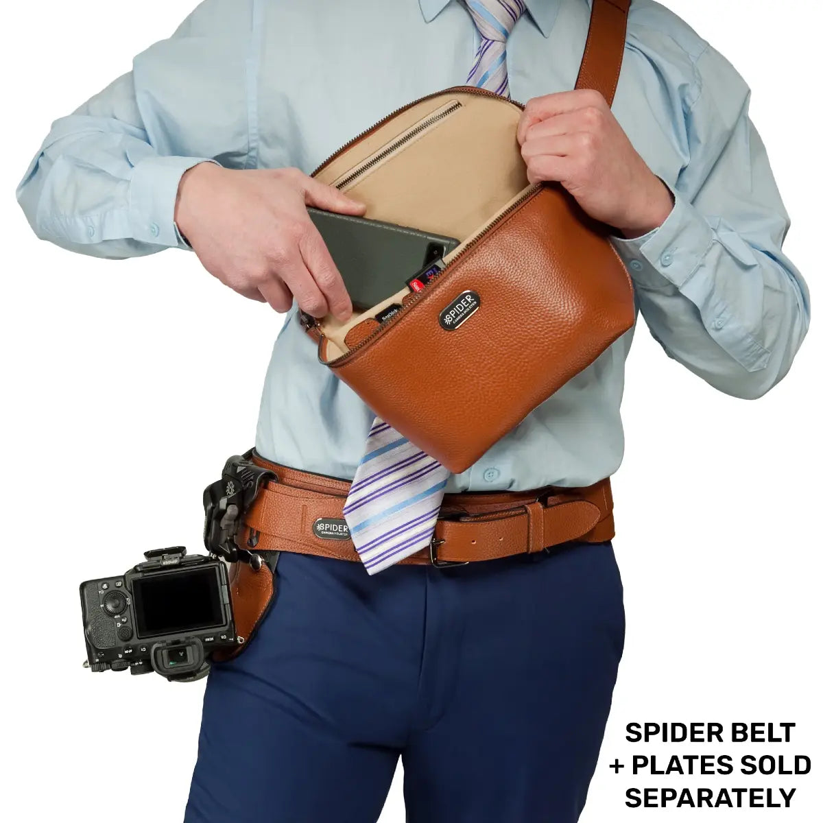 Person wearing a brown leather waist bag and camera on a white background