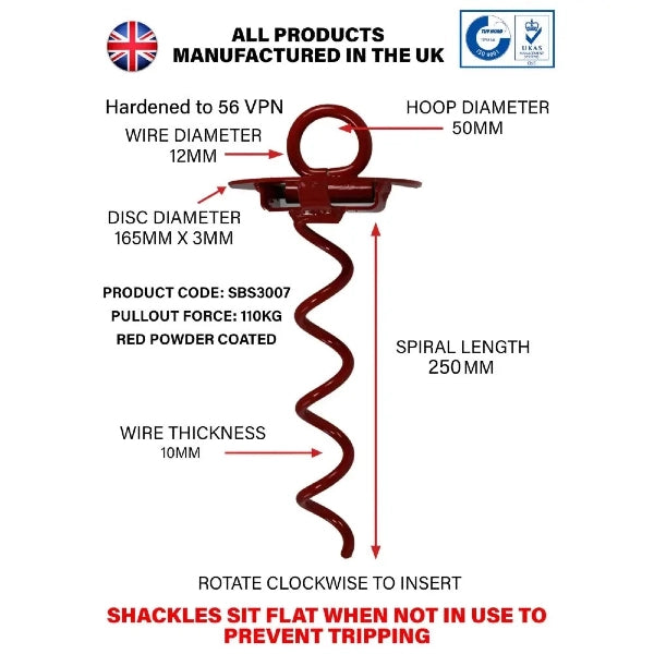 Technical diagram of a shackle with specifications labeled