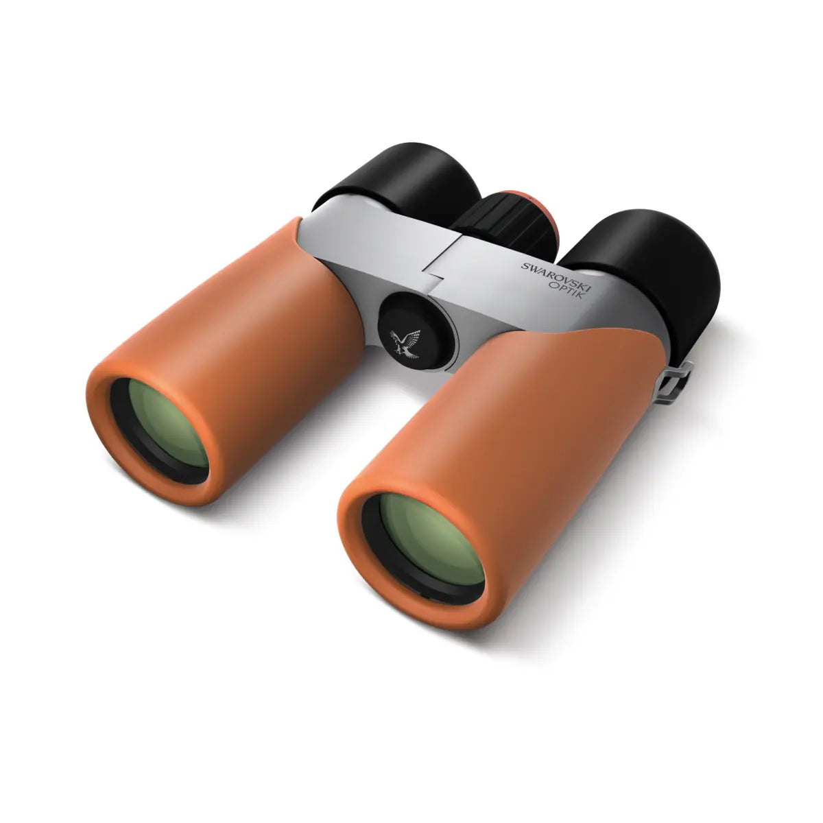 Orange binoculars with a silver and black frame on a white background