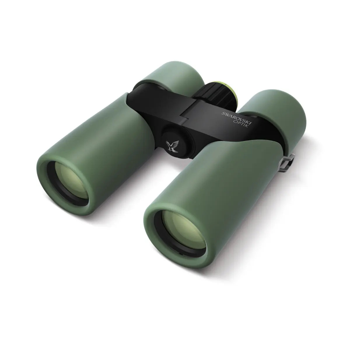 Green binoculars with black strap on a white background