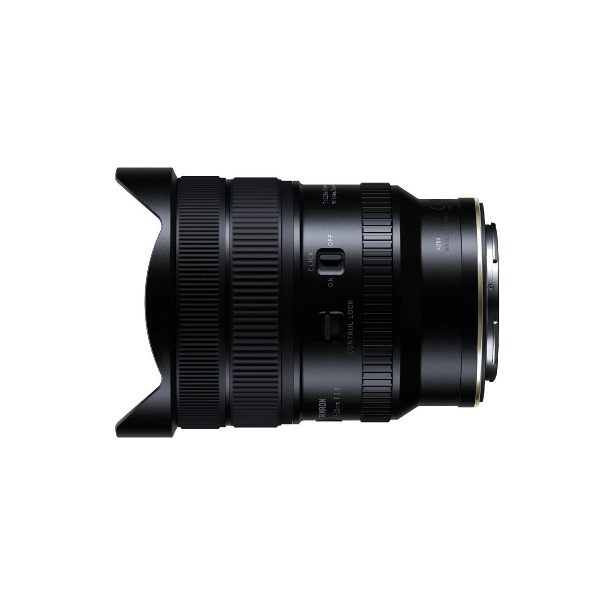 A black Tamron telephoto camera lens with a petal-shaped lens hood, shown from a side profile against a solid white background.