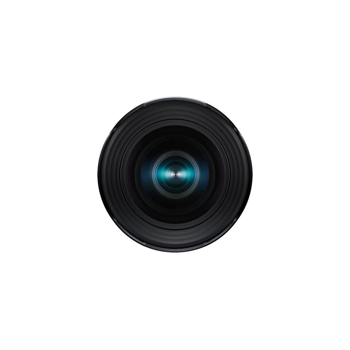 A black Tamron lens with a blue and green reflective center, shown from a top-down view on a solid white background.