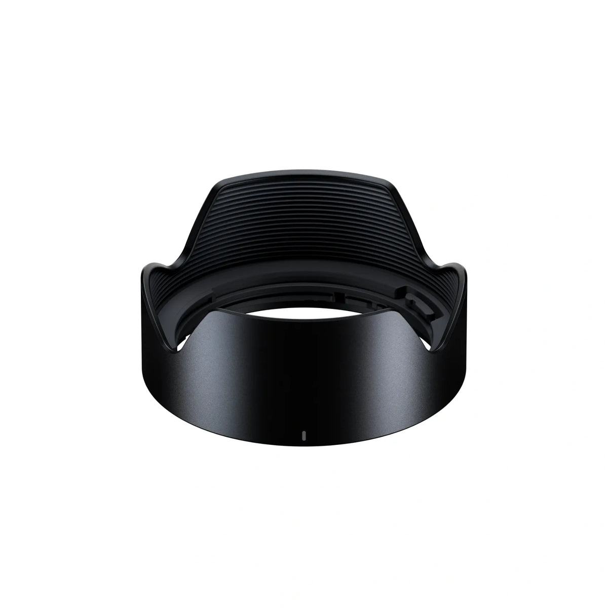 A black petal-shaped camera lens hood with a textured inner ribbed surface and a smooth outer rim, shown on a plain white background.