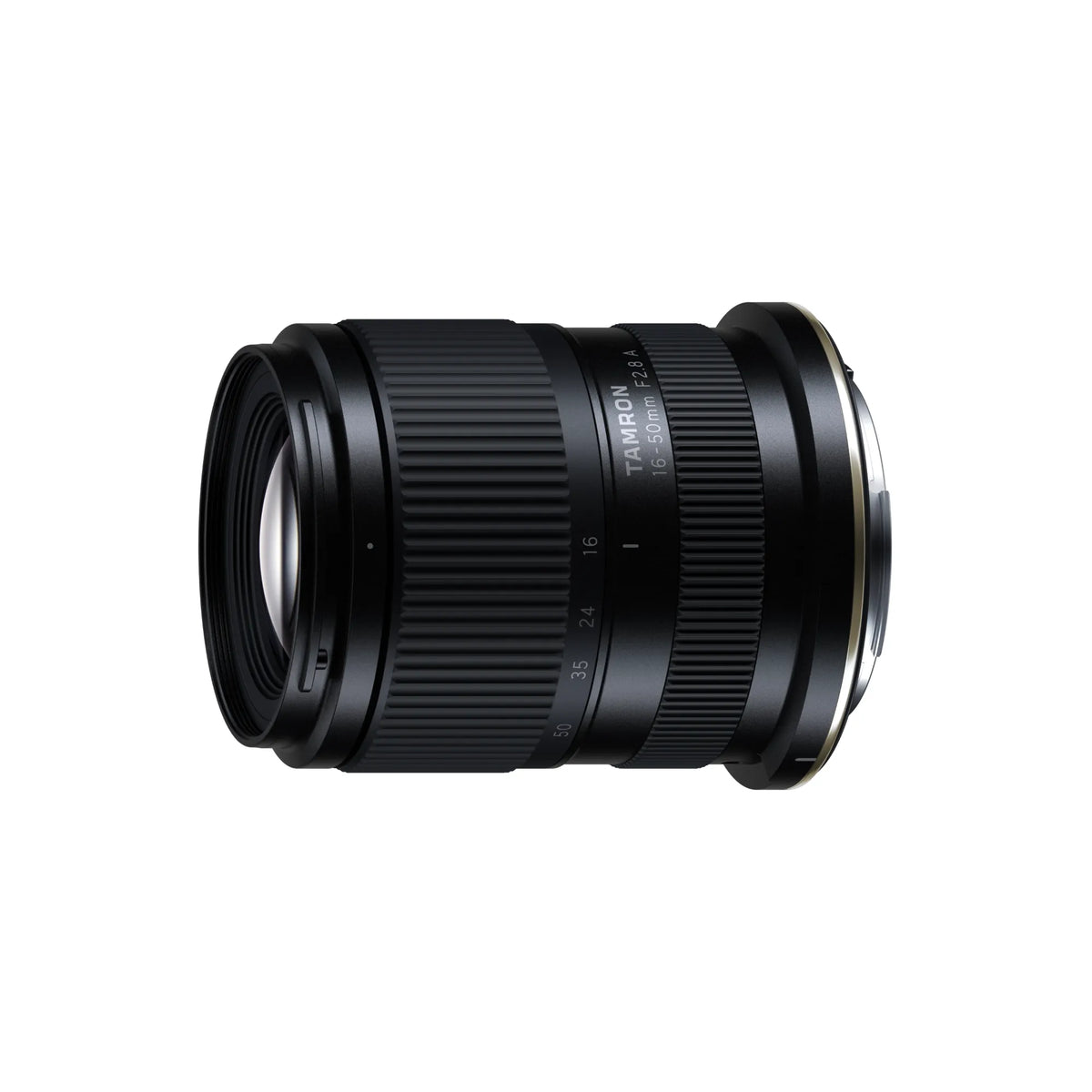 A black Tamron lens with white text detailing the model and aperture values, shown from a three-quarters angle on a solid white background.