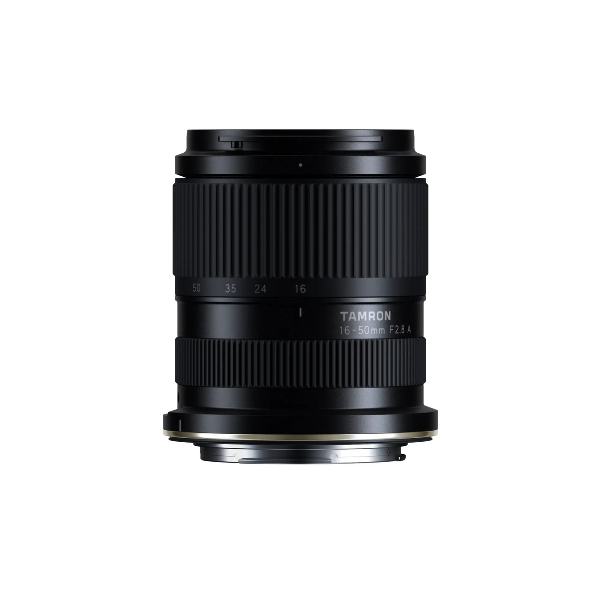 A black Tamron 16-50mm F2.8 A lens with white text markings and a gold accent ring near the mount, shown against a solid white background.