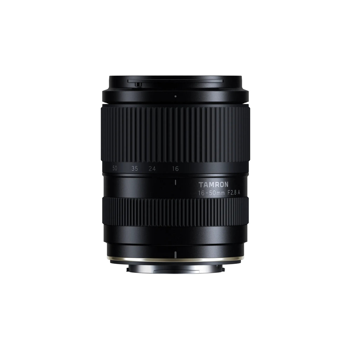 A black Tamron 16-50mm F2.8 A lens with white text markings and a metallic mount ring, centered on a solid white background.